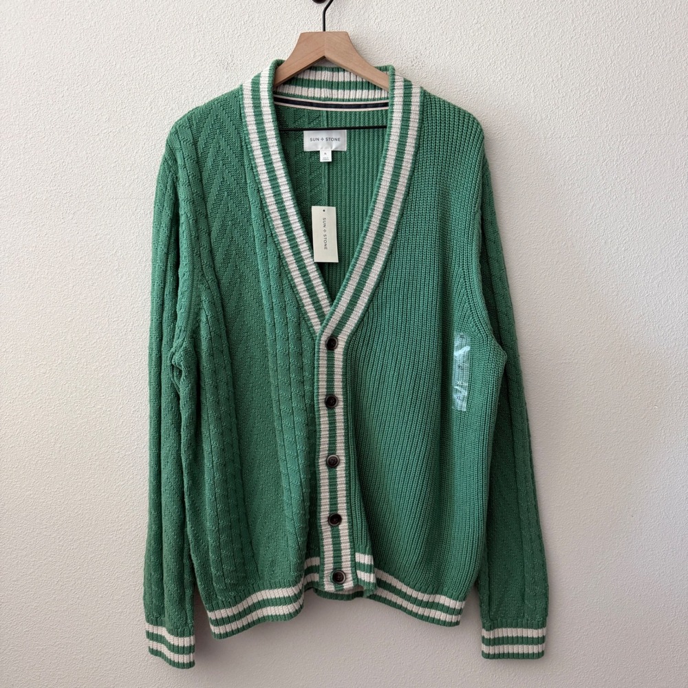 SUN + STONE Mens Cardigan Varsity Preppy Collegiate Grandpacore Size XL